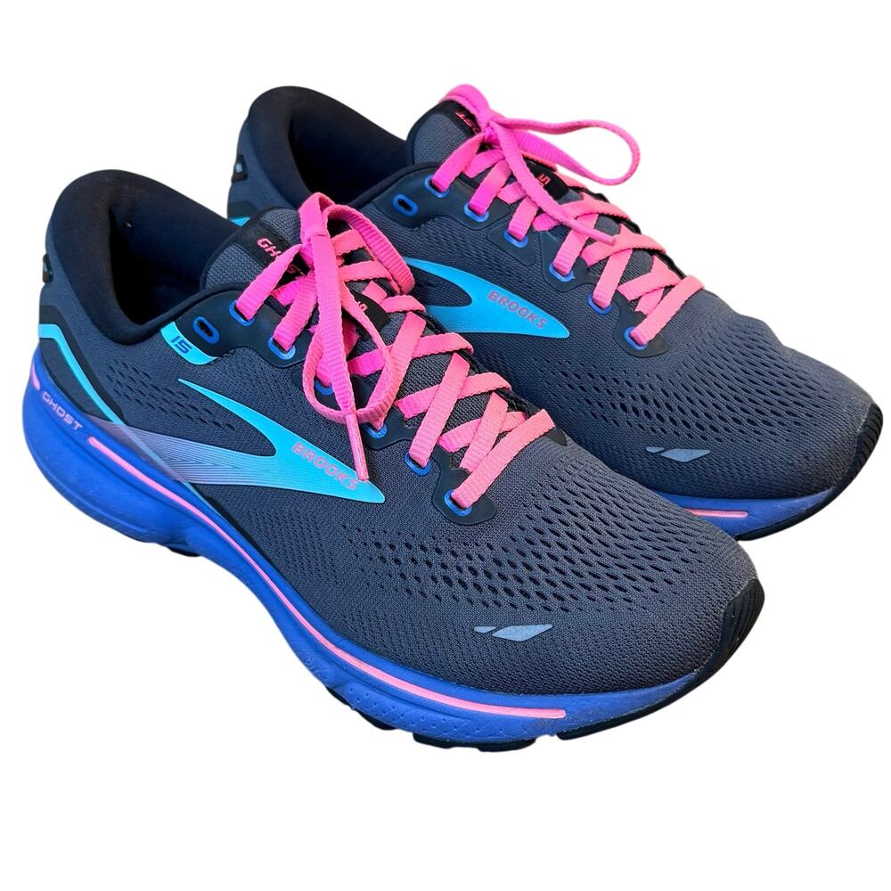 Brooks Ghost 15 Shoe Neutral Running Walking Cushion Black/Blue/Aruba Women’s 9B